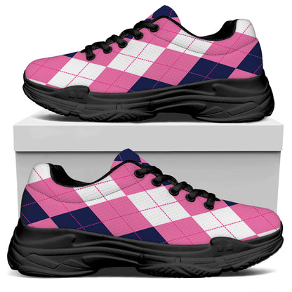 Pink Blue And White Argyle Pattern Print Black Chunky Shoes