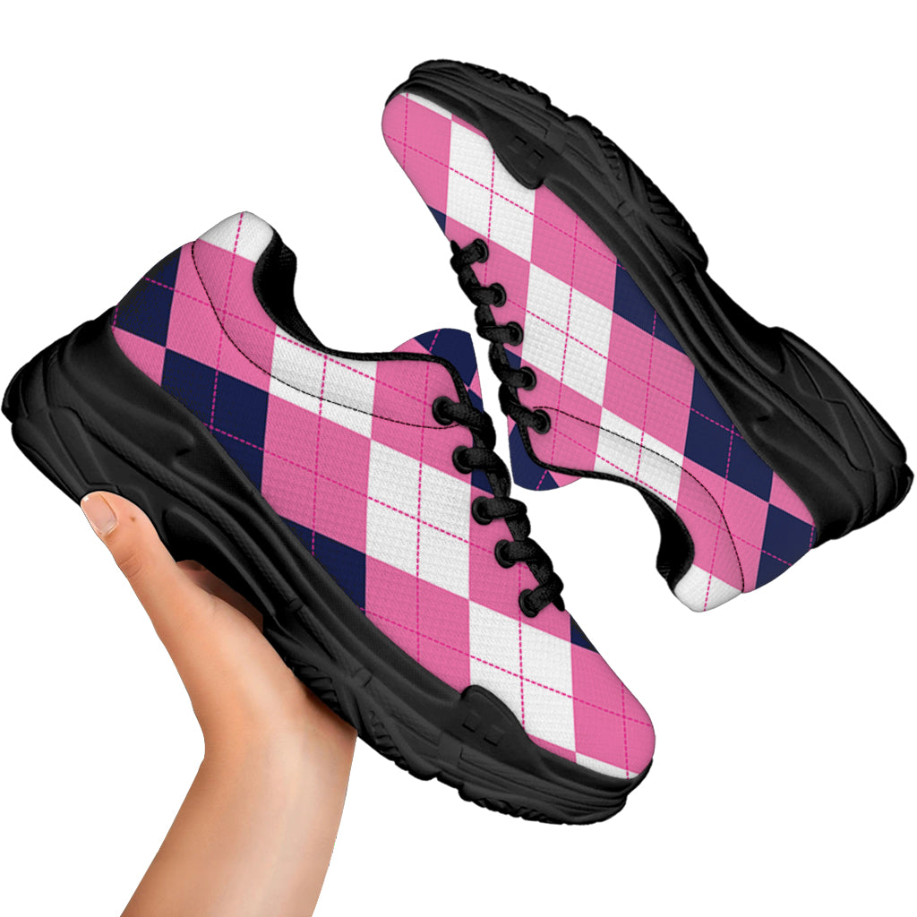 Pink Blue And White Argyle Pattern Print Black Chunky Shoes