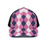 Pink Blue And White Argyle Pattern Print Black Mesh Trucker Cap