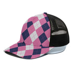 Pink Blue And White Argyle Pattern Print Black Mesh Trucker Cap