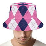 Pink Blue And White Argyle Pattern Print Bucket Hat