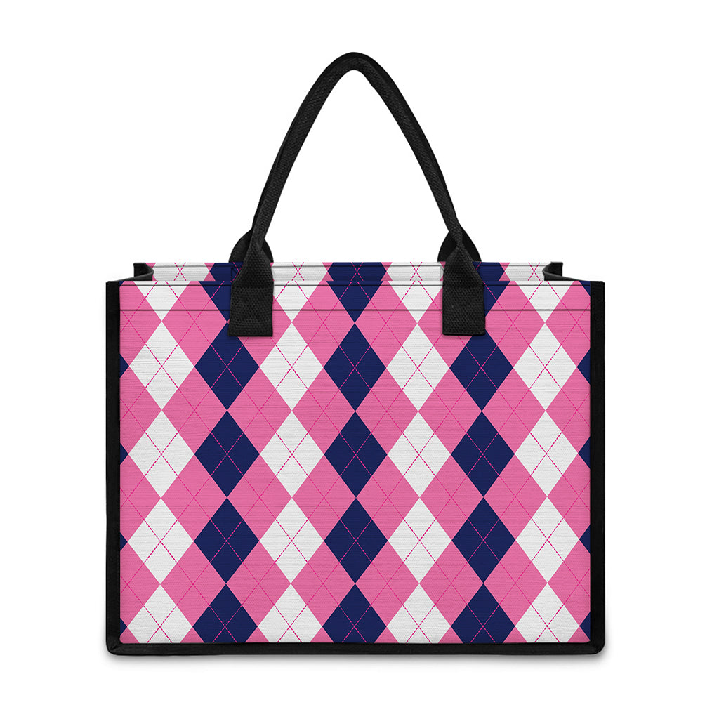 Pink Blue And White Argyle Pattern Print Canvas Tote Bag