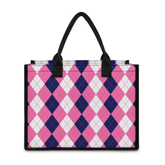 Pink Blue And White Argyle Pattern Print Canvas Tote Bag