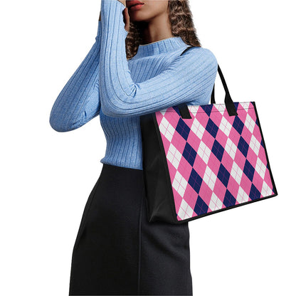 Pink Blue And White Argyle Pattern Print Canvas Tote Bag
