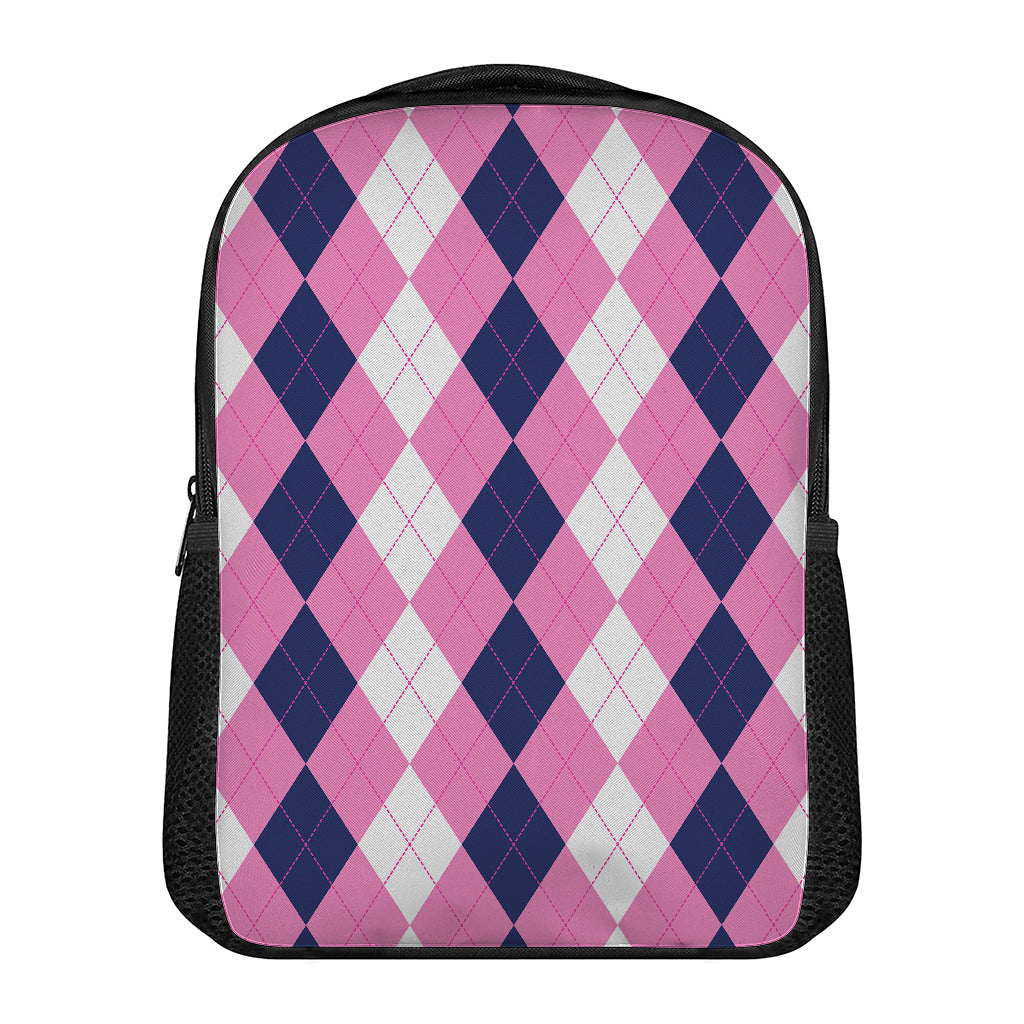 Pink Blue And White Argyle Pattern Print Casual Backpack