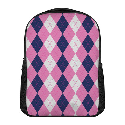Pink Blue And White Argyle Pattern Print Casual Backpack