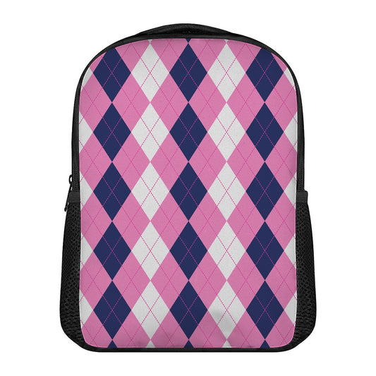 Pink Blue And White Argyle Pattern Print Casual Backpack
