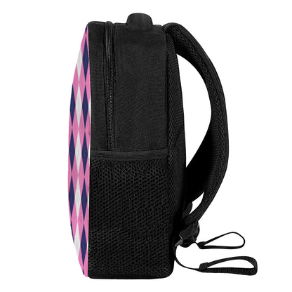 Pink Blue And White Argyle Pattern Print Casual Backpack