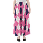 Pink Blue And White Argyle Pattern Print Chiffon Maxi Skirt