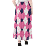 Pink Blue And White Argyle Pattern Print Chiffon Maxi Skirt