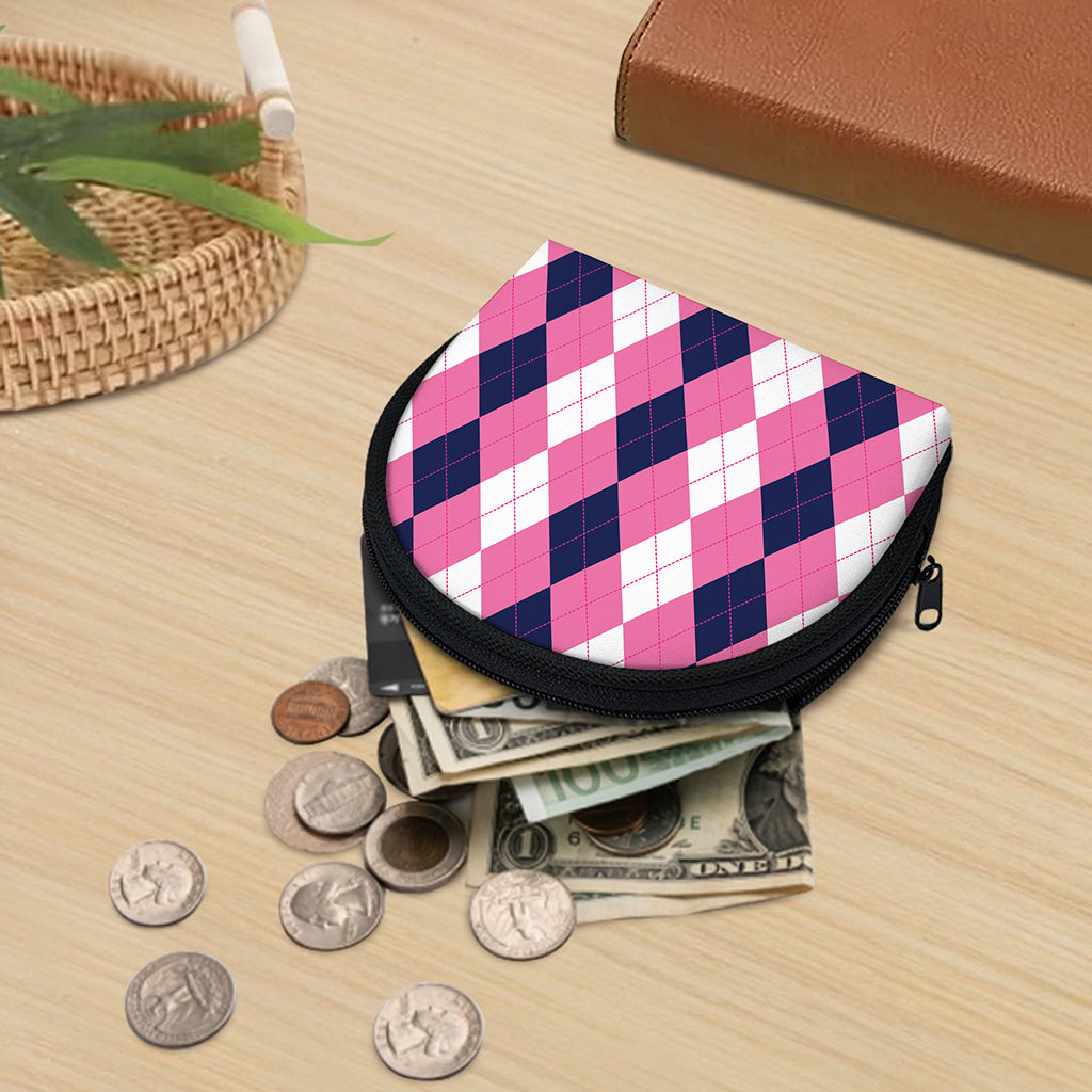 Pink Blue And White Argyle Pattern Print Coin Purse