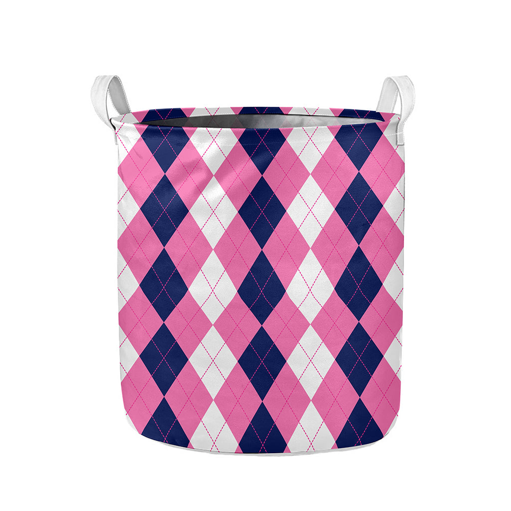 Pink Blue And White Argyle Pattern Print Collapsible Laundry Basket