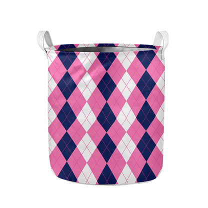 Pink Blue And White Argyle Pattern Print Collapsible Laundry Basket
