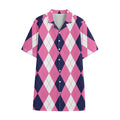 Pink Blue And White Argyle Pattern Print Cotton Hawaiian Shirt
