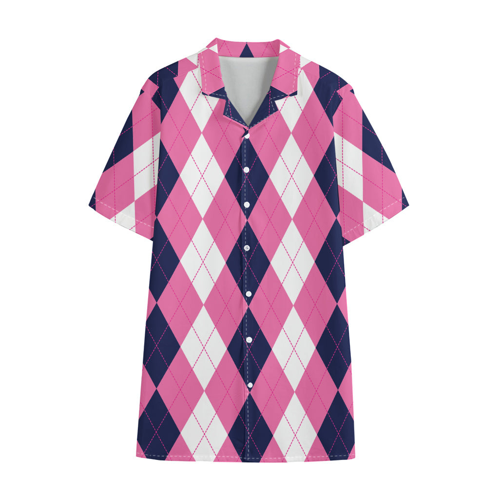 Pink Blue And White Argyle Pattern Print Cotton Hawaiian Shirt