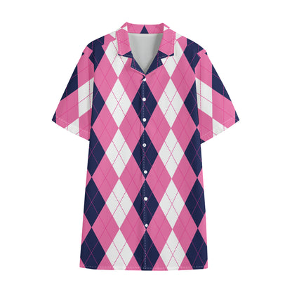 Pink Blue And White Argyle Pattern Print Cotton Hawaiian Shirt
