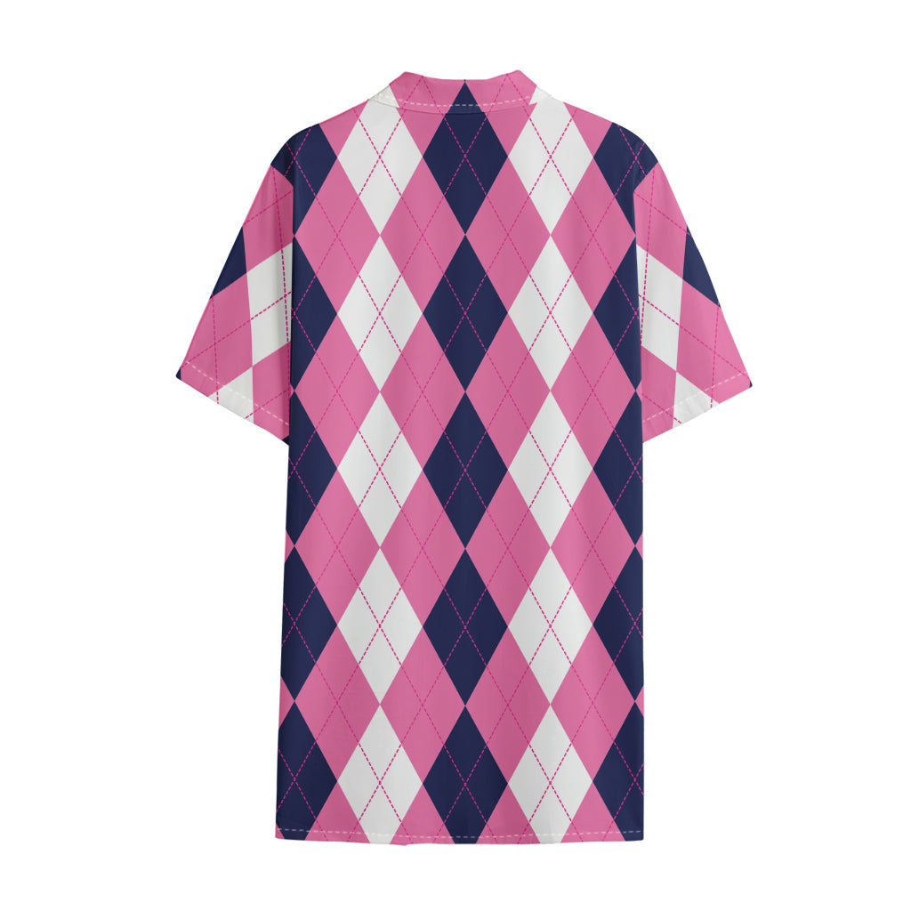 Pink Blue And White Argyle Pattern Print Cotton Hawaiian Shirt