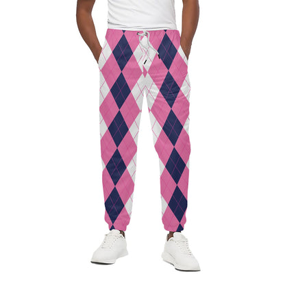 Pink Blue And White Argyle Pattern Print Cotton Pants