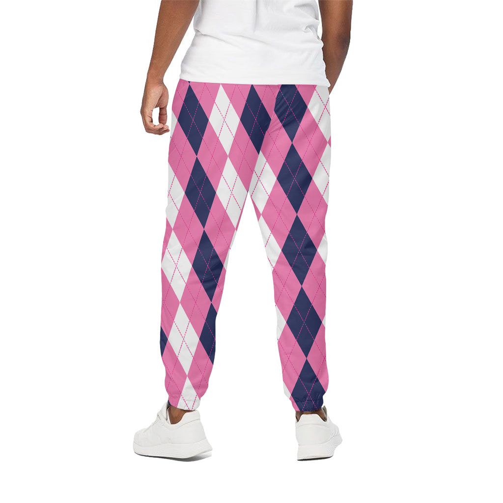 Pink Blue And White Argyle Pattern Print Cotton Pants
