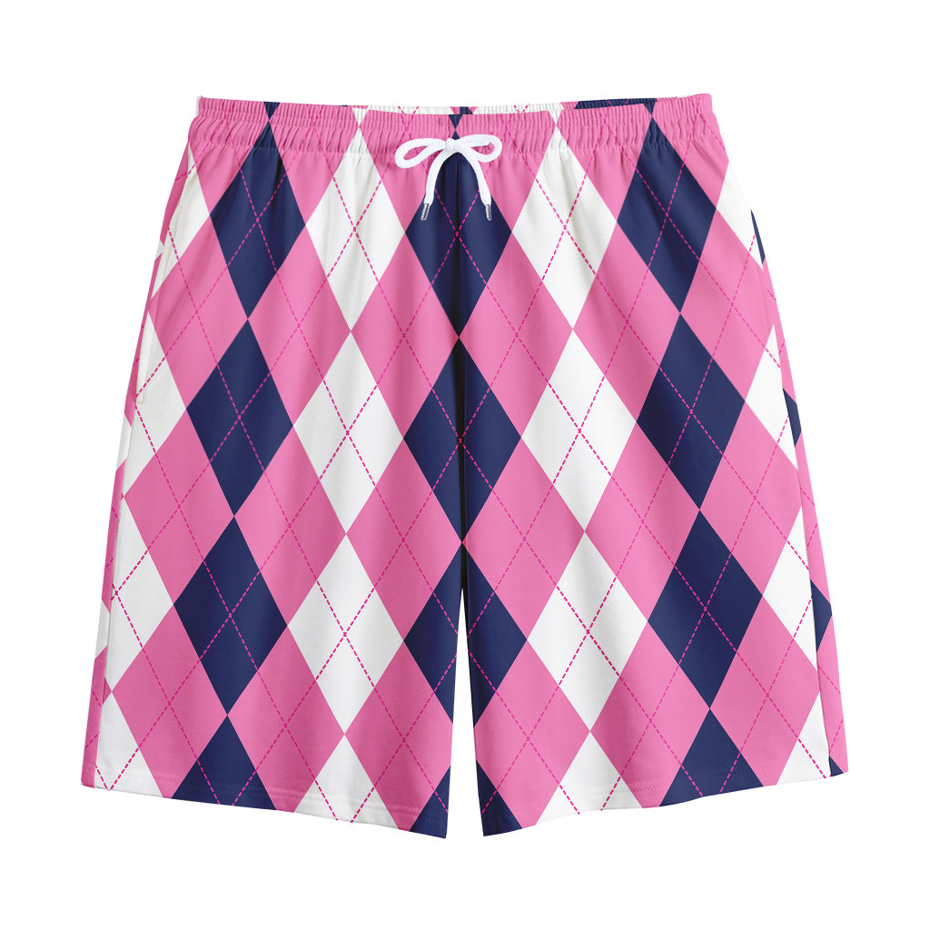 Pink Blue And White Argyle Pattern Print Cotton Shorts