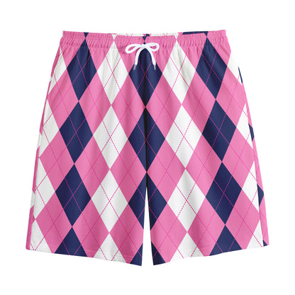 Pink Blue And White Argyle Pattern Print Cotton Shorts
