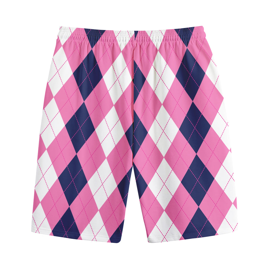 Pink Blue And White Argyle Pattern Print Cotton Shorts