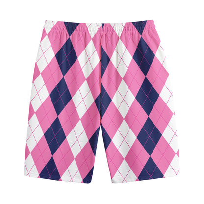 Pink Blue And White Argyle Pattern Print Cotton Shorts
