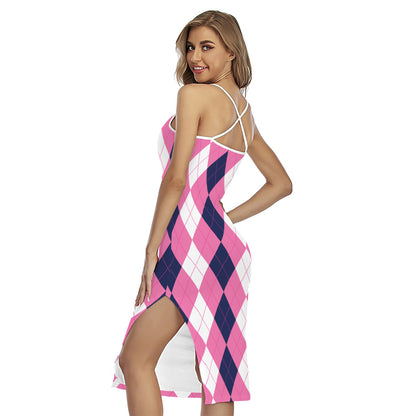 Pink Blue And White Argyle Pattern Print Cross Back Cami Dress