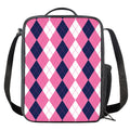 Pink Blue And White Argyle Pattern Print Crossbody Lunch Bag
