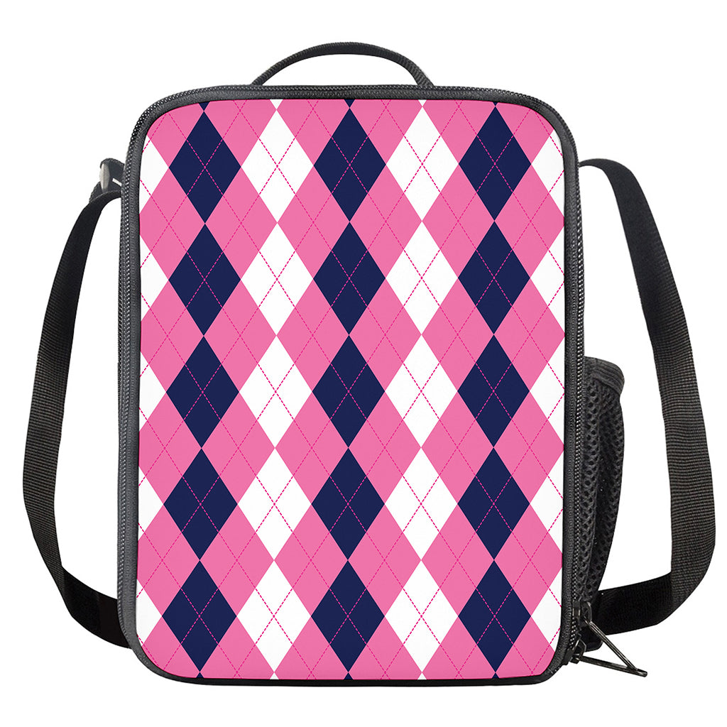 Pink Blue And White Argyle Pattern Print Crossbody Lunch Bag
