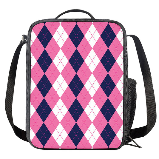 Pink Blue And White Argyle Pattern Print Crossbody Lunch Bag