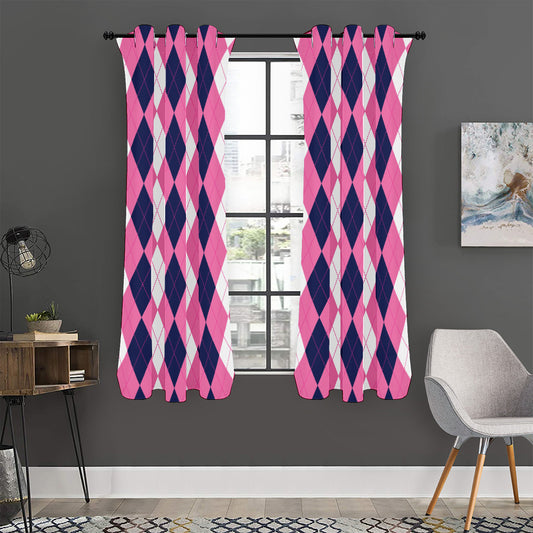 Pink Blue And White Argyle Pattern Print Curtain