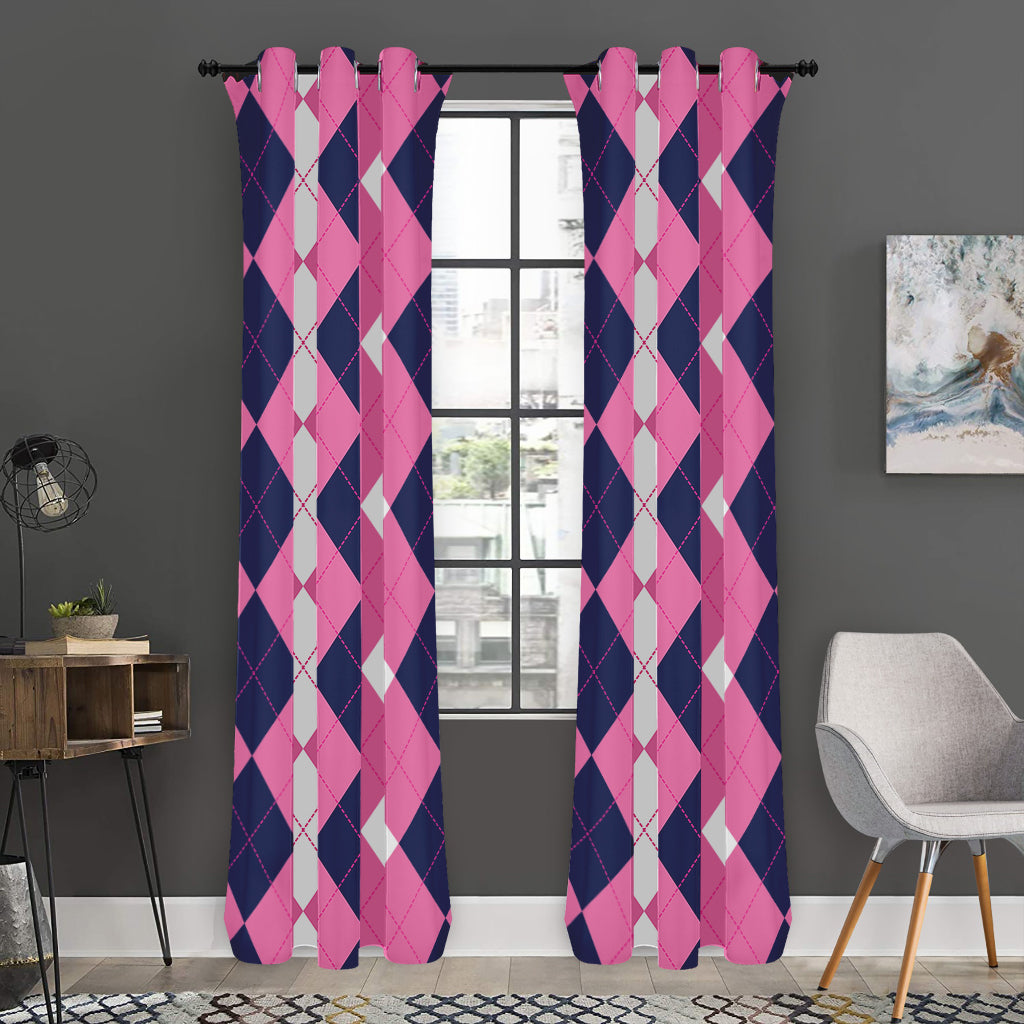 Pink Blue And White Argyle Pattern Print Curtain