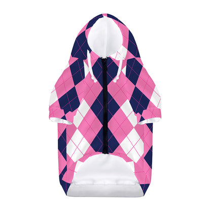 Pink Blue And White Argyle Pattern Print Dog Zip Up Hoodie