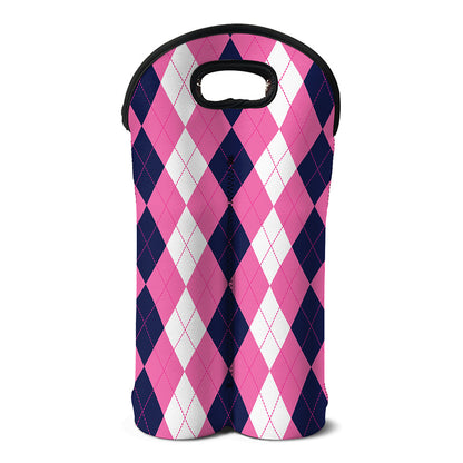 Pink Blue And White Argyle Pattern Print Double Neoprene Wine Tote