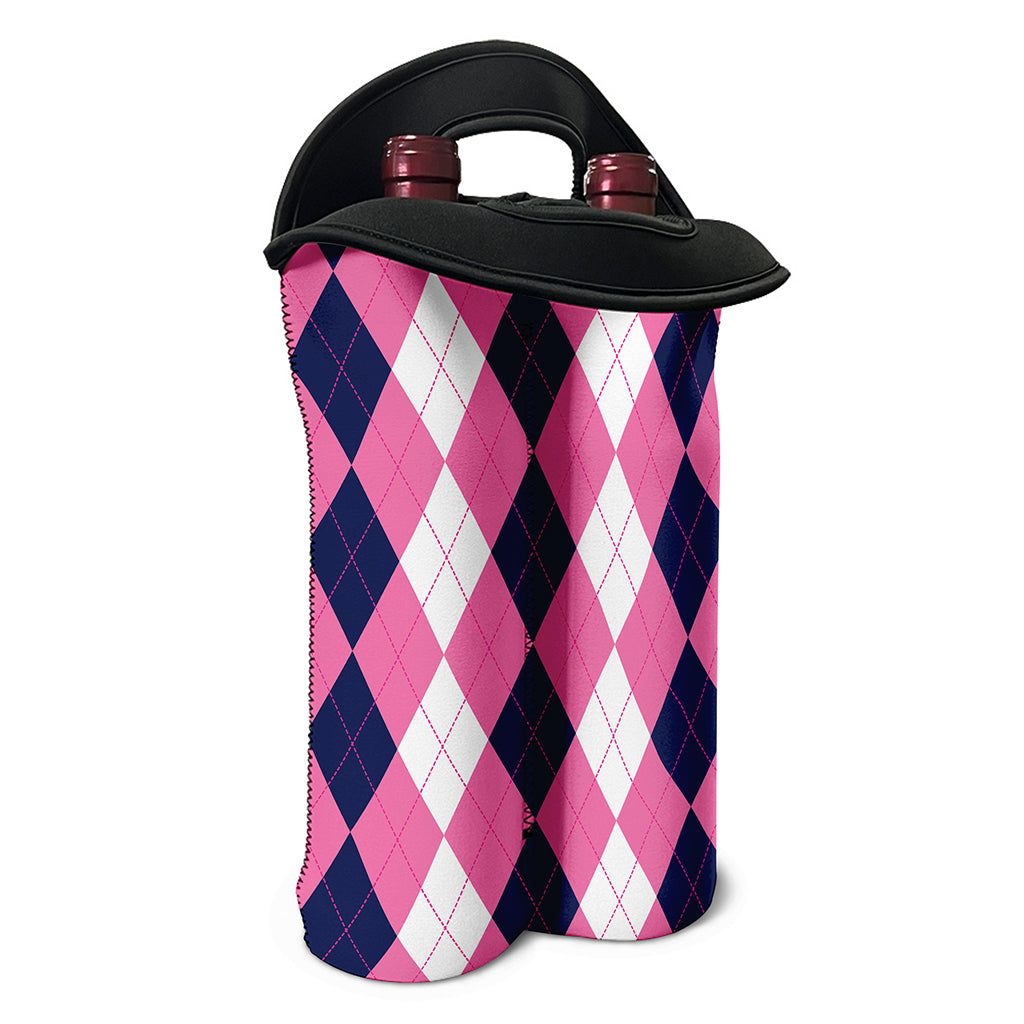 Pink Blue And White Argyle Pattern Print Double Neoprene Wine Tote