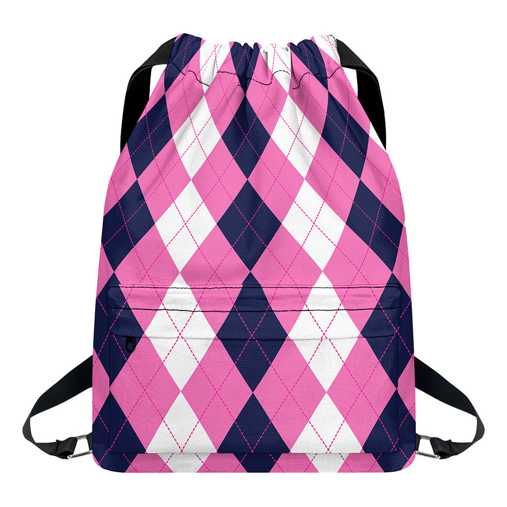 Pink Blue And White Argyle Pattern Print Drawstring Backpack
