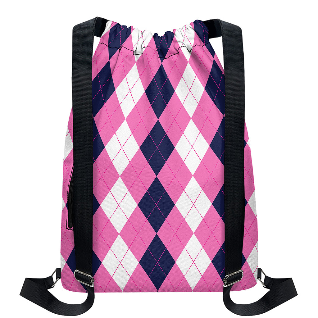 Pink Blue And White Argyle Pattern Print Drawstring Backpack