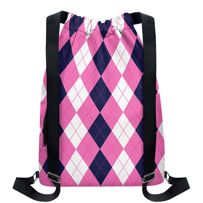 Pink Blue And White Argyle Pattern Print Drawstring Backpack
