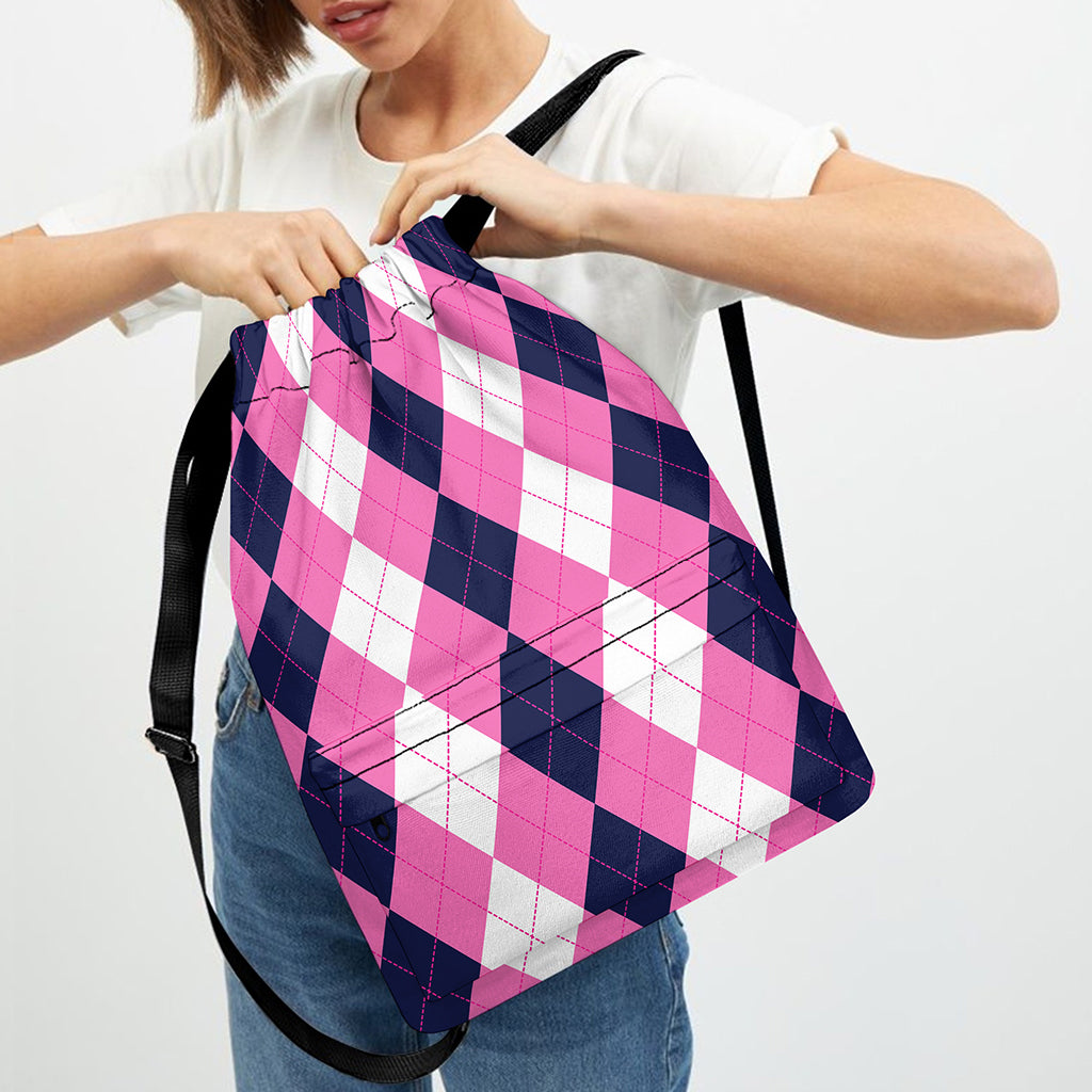 Pink Blue And White Argyle Pattern Print Drawstring Backpack