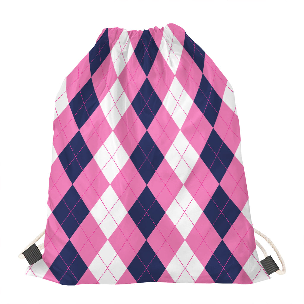 Pink Blue And White Argyle Pattern Print Drawstring Bag