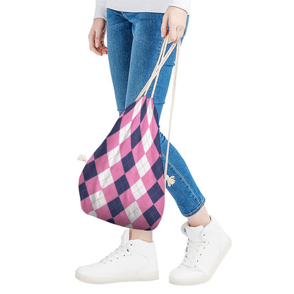Pink Blue And White Argyle Pattern Print Drawstring Bag
