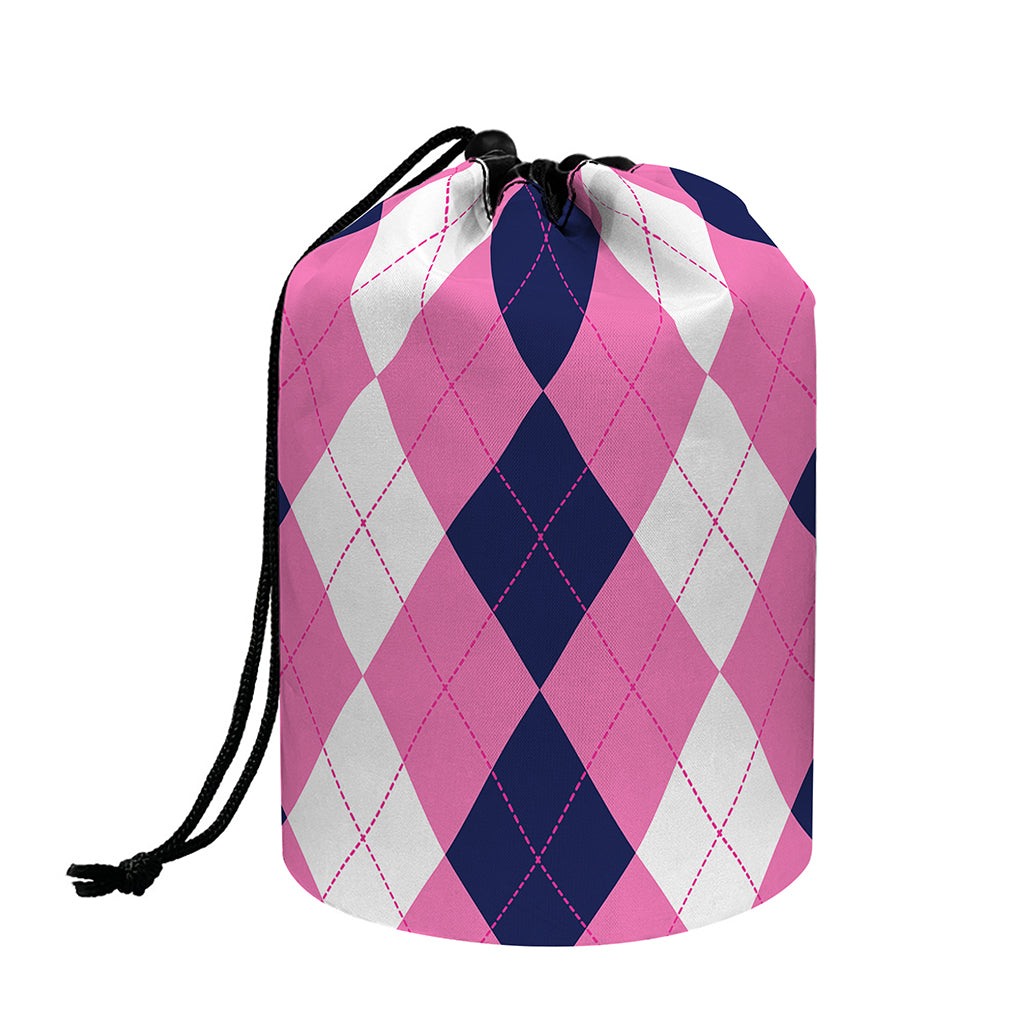 Pink Blue And White Argyle Pattern Print Drawstring Makeup Bag