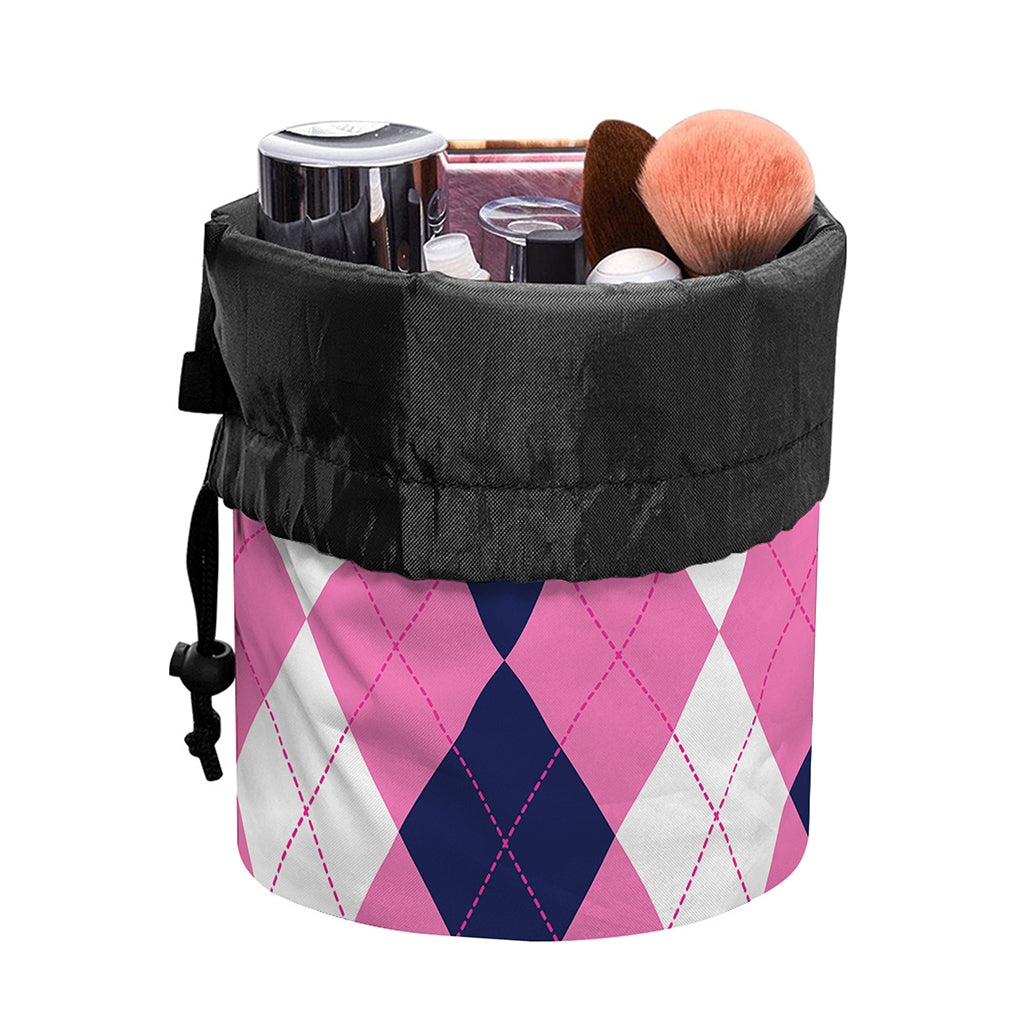 Pink Blue And White Argyle Pattern Print Drawstring Makeup Bag