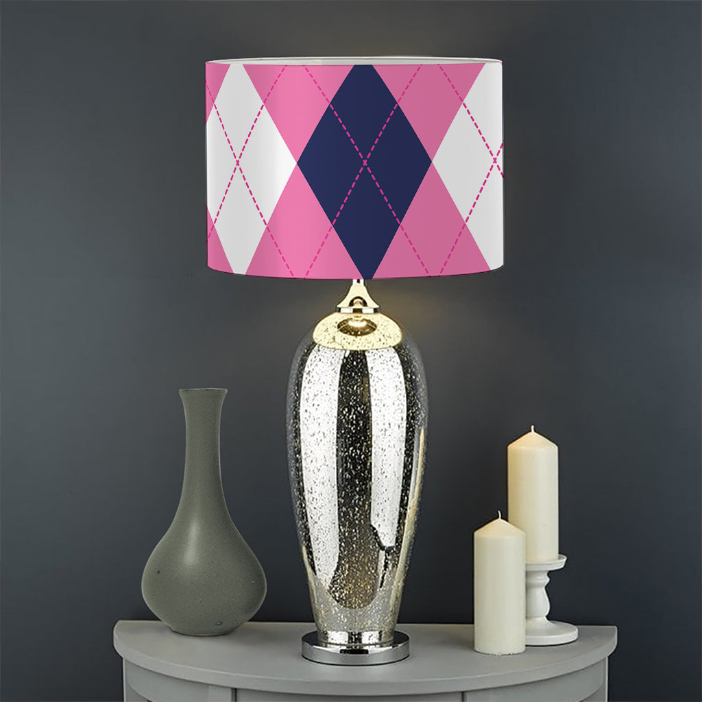 Pink Blue And White Argyle Pattern Print Drum Lamp Shade