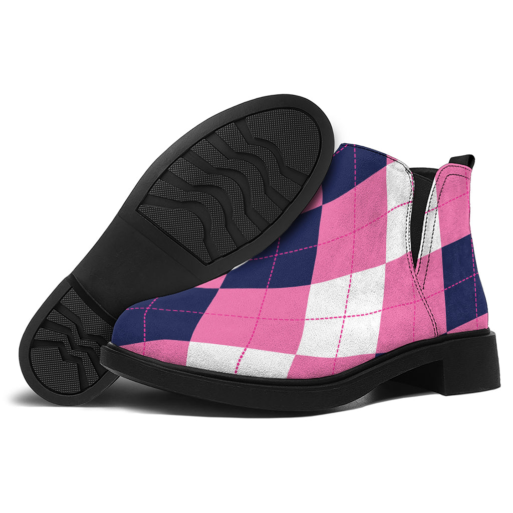 Pink Blue And White Argyle Pattern Print Flat Ankle Boots