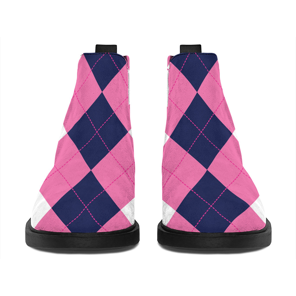 Pink Blue And White Argyle Pattern Print Flat Ankle Boots