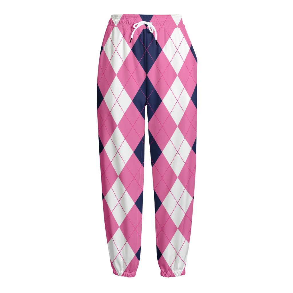 Pink Blue And White Argyle Pattern Print Fleece Lined Knit Pants