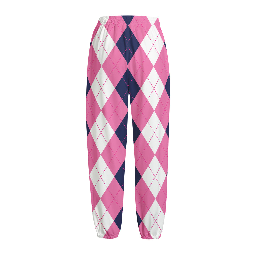 Pink Blue And White Argyle Pattern Print Fleece Lined Knit Pants