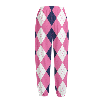 Pink Blue And White Argyle Pattern Print Fleece Lined Knit Pants